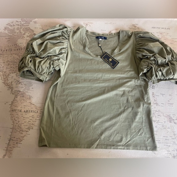 🆕Trish Scully Scoop Neck Olive Green Puff Sleeve Top NWT - Picture 5 of 7